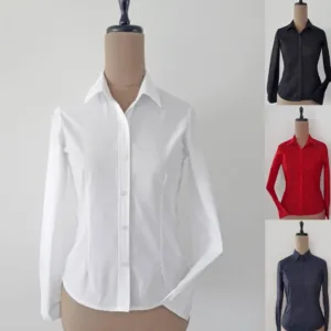 Camisas manga larga entalladas para mujer por mayor. Uniformes de empresas y ropa de trabajo con logo. Blanco, negro y celeste. Talles especiales.