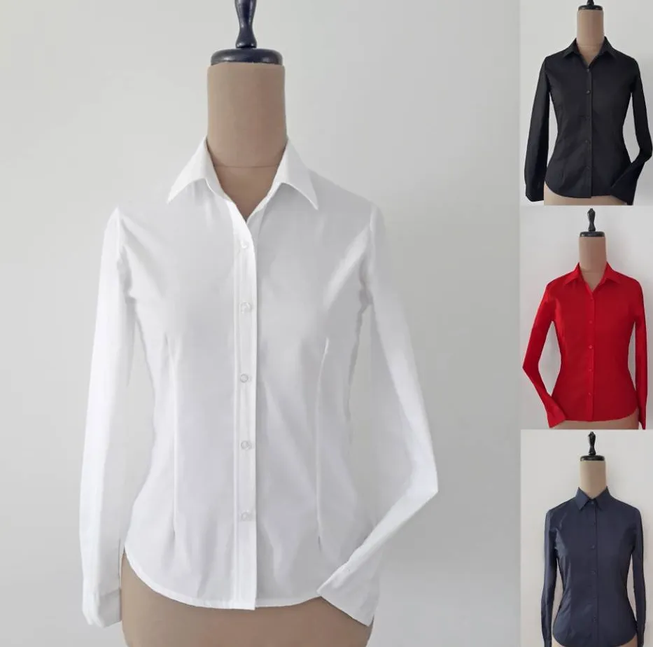 Camisa para Mujer manga larga 1 Camisas manga larga entalladas para mujer por mayor. Uniformes de empresas y ropa de trabajo con logo. Blanco, negro y celeste. Talles especiales.