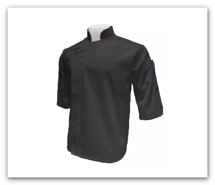 Chaqueta de chef de gabardina 1 Chaquetas de chef de gabardina por mayor en color blanco y negro para uniformes gastronómicos de restaurantes, hoteles y profesionales de cocina.