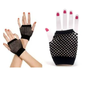 Guantes mitón de red cortos de color negro y talle único para accesorios de fiesta, tandas de cotillón y producciones de moda.