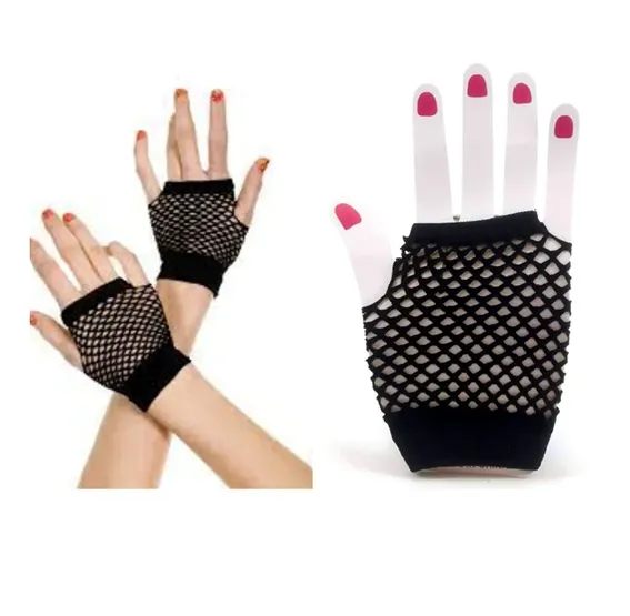 Guantes miton de red cortos 1 Guantes mitón de red cortos de color negro y talle único para accesorios de fiesta, tandas de cotillón y producciones de moda.