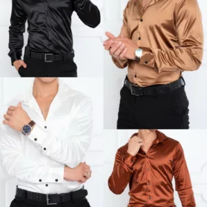 Camisa de satén para hombre de satén símil raso elastizado en varios colores para uniformes de casinos, eventos de gala y hotelería de primer nivel.
