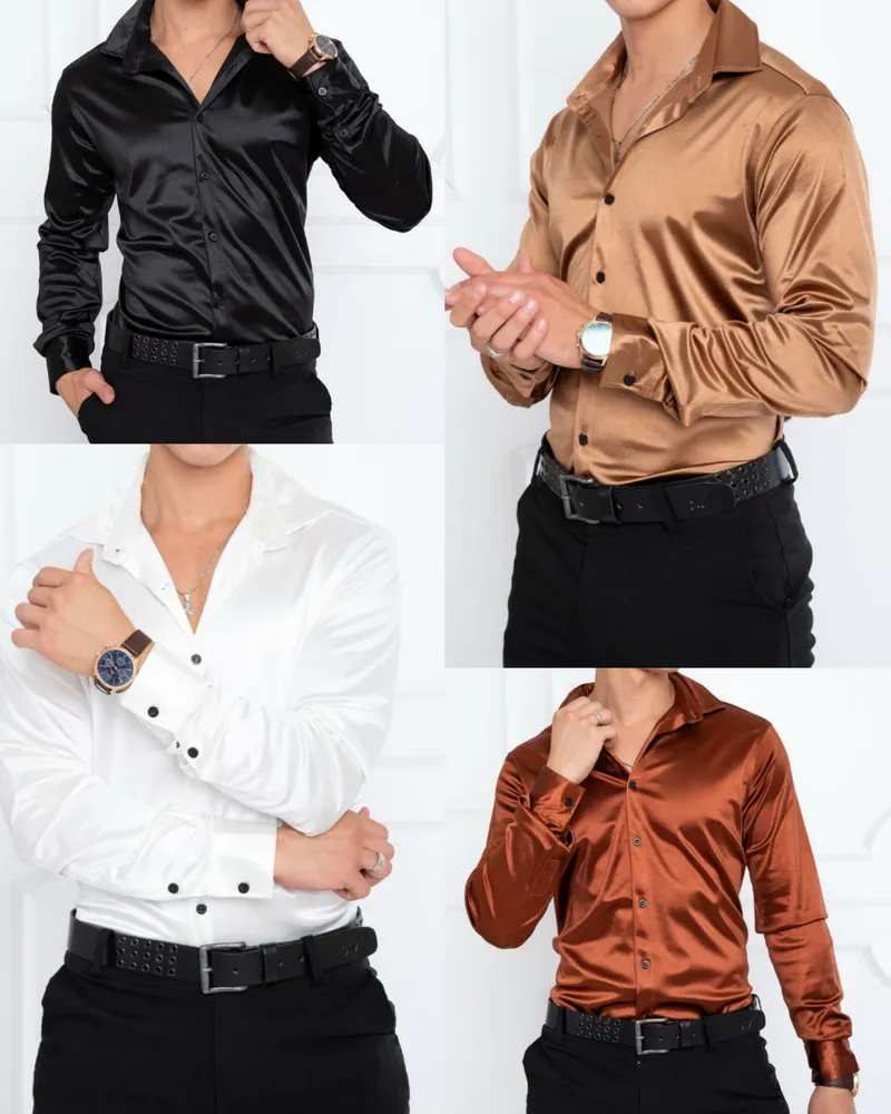 Camisa de saten para Hombre 1 Camisa de satén para hombre de satén símil raso elastizado en varios colores para uniformes de casinos, eventos de gala y hotelería de primer nivel.