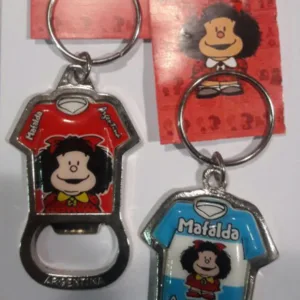 Llaveros destapador de metal de Mafalda con motivos varios regionales típicos para souvenirs de turismo y regalos empresarios corporativos.