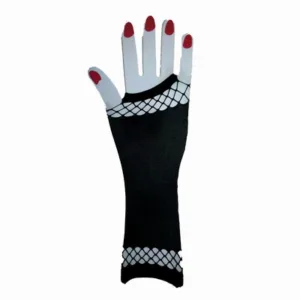 Guantes de lycra sin dedos de 25 cm de largo en color negro y rosa con detalle de red elástica en los extremos para accesorios de fiesta.