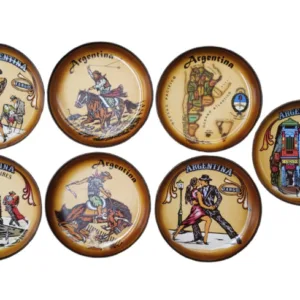 Plato de cuero flex de gaucho y tango en tamaños varios con diseños regionales típicos para souvenirs de turismo y regalos empresarios corporativos.