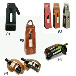 Porta botellas simil cuero y de cuero de vaqueta alto con visor central en varios modelos para regalos empresarios corporativos y souvenirs.