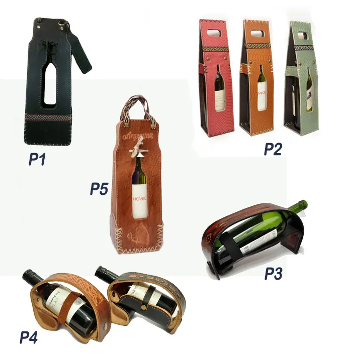 Porta botellas simil cuero 1 Porta botellas simil cuero y de cuero de vaqueta alto con visor central en varios modelos para regalos empresarios corporativos y souvenirs.