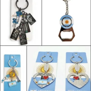 Llaveros metalicos de Argentina en varios modelos con diseños regionales para souvenirs de turismo y regalos empresarios corporativos.