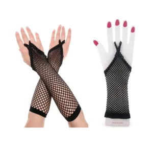 Guantes mitón de red largos de color negro y talle único para accesorios de fiesta, vestuario de danza y producciones de moda.