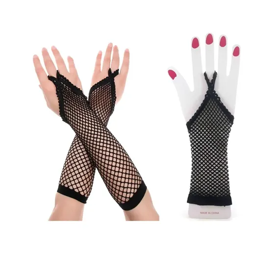 Guantes miton de red negro largos 1 Guantes mitón de red largos de color negro y talle único para accesorios de fiesta, vestuario de danza y producciones de moda.