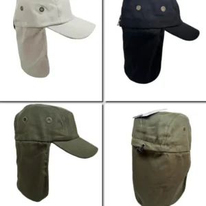 Gorros legionarios de microfibra con red o gabardina con cubre nuca y ajuste trasero en color beige y verde para regalos empresarios y eventos corporativos.