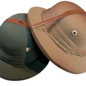 Sombrero casco explorador tipo safari en tergopor recubierto por tela beige y verde para regalos empresarios, acciones de marcas y eventos corporativos.