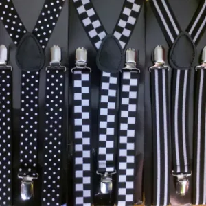 Tiradores elásticos rayados y combinados unisex en modelos surtidos con reguladores y broches metálicos para uniformes y vestuario.
