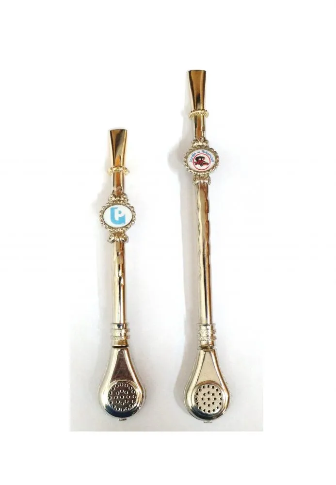 Bombillas con su logo 1 Bombilla con su logo personalizado de bronce niquelada larga grabada para regalos empresarios y souvenirs corporativos de recuerdos argentinos para turismo.