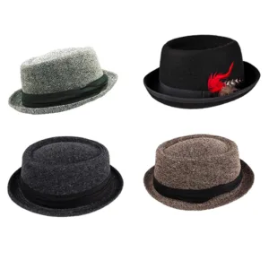 Sombrero rocky pork pie de lana en colores negro y gris para regalos empresarios, acciones de marcas y todo tipo de eventos corporativos.