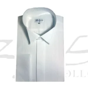 Camisa de cuello palomita plisada para smoking en color blanco con frente plisado de vestir y puño doble para gemelos de alta sastrería.
