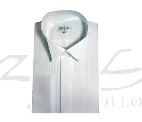 Camisa cuello palomita plisada 1 Camisa de cuello palomita plisada para smoking en color blanco con frente plisado de vestir y puño doble para gemelos de alta sastrería.