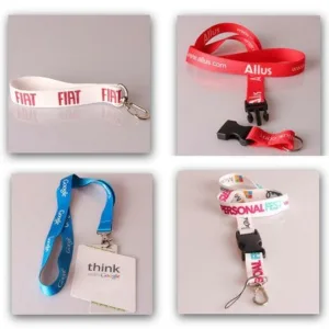 Cintas porta credencial personalizadas y llaveros corporativos con logo para identificación en eventos y empresas.