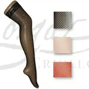 Medias de red tipo de liga con silicona autoportante en talle único de color negro, rojo y blanco para vestuario de danza y producciones de moda.