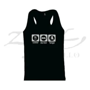 Remera de tango Comer Dormir Tango con inscripción humorística, souvenir regional de turismo argentino y regalos empresarios corporativos.
