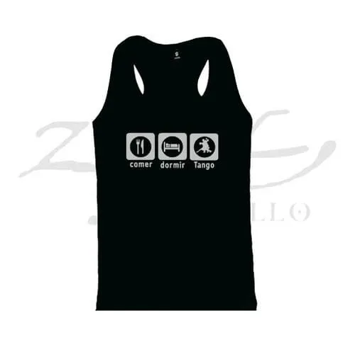 ZC400 - Musculosa Comer dormir Tango 1 Remera de tango Comer Dormir Tango con inscripción humorística, souvenir regional de turismo argentino y regalos empresarios corporativos.