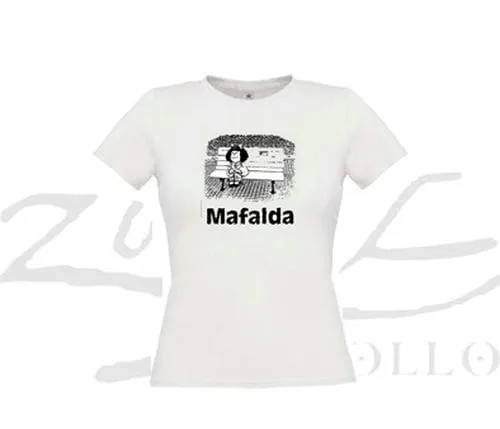 Remeras de Mafalda 1 Remeras de Mafalda unisex o de dama en color blanco de diseño textil regional para souvenirs de turismo y regalos corporativos empresarios de empresas.