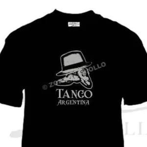 Remera de Tango Argentina con diseño de sombrero y zapatos de baile, souvenir regional de turismo argentino y regalos empresarios.