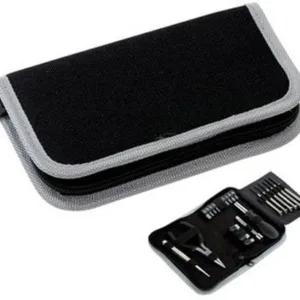 Set de herramientas de varias piezas con destornilladores y pinzas en estuche personalizado con logo corporativo por mayor para regalos empresarios.