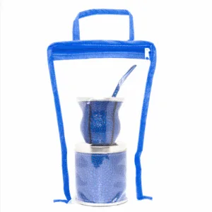 Set de mate en bolsa de cristal transparente con bombilla y lata mediana por mayor para regalos empresarios y souvenirs de empresas.
