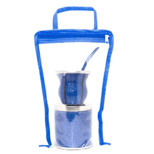 Set de mate bolsa de crystal 1 Set de mate en bolsa de cristal transparente con bombilla y lata mediana por mayor para regalos empresarios y souvenirs de empresas.