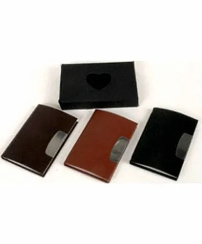 Porta Tarjetas con su logo 1 Tarjetero de metal de bolsillo forrado en cuero con logo personalizado por mayor para regalos empresarios ejecutivos y souvenirs de empresas.