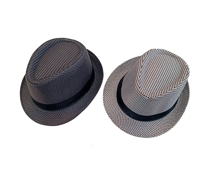 Sombrero fedora modelo cuadrille 1 Sombrero fedora modelo cuadrille poliester en colores gris y rojo para regalos empresarios, acciones de marcas y todo tipo de eventos corporativos.