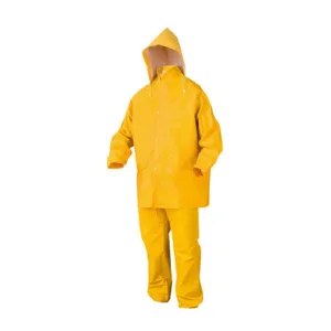 Traje de lluvia amarillo impermeable de dos piezas con chaqueta con capucha desmontable y pantalón tipo jardinero con tiradores para ropa de trabajo.