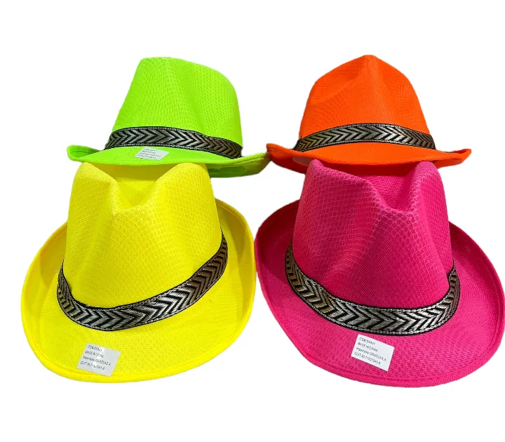 Sombrero fedora cotillon 1 Sombrero fedora cotillón colores fluo variados festivo para regalos empresarios, acciones promocionales de marcas y todo tipo de eventos corporativos.