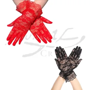 Guantes de encaje cortos con volados en la muñeca de color rojo, negro y blanco para vestidos de gala, fiestas y producciones de moda.