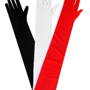 Guantes de lycra largos de 40 cm de longitud en colores rojo, negro y blanco para vestidos de gala, disfraces y producciones de vestuario.