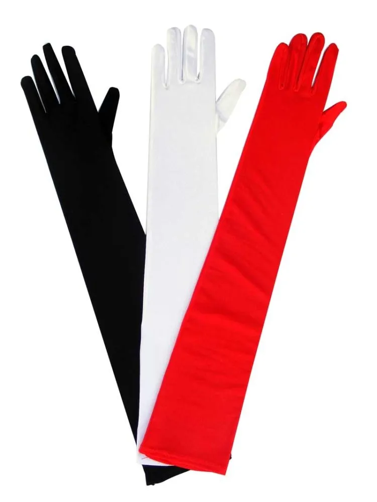 Guantes de lycra largos 1 Guantes de lycra largos de 40 cm de longitud en colores rojo, negro y blanco para vestidos de gala, disfraces y producciones de vestuario.