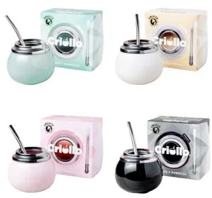 Mate criollo de ceramica en caja con bombilla acero en modelos varios regionales para souvenirs de turismo y regalos empresarios corporativos de empresas.