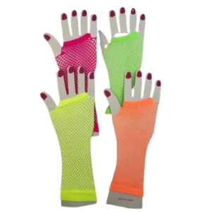 Mitones de colores y guantes de red elastizados en color negro, amarillo y naranja para accesorios de cotillón, fiestas y eventos temáticos.