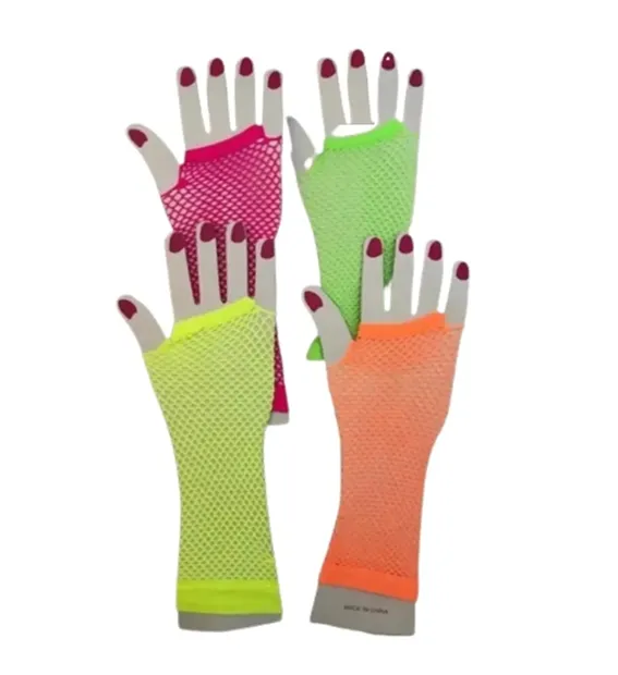 Mitones colores varios 1 Mitones de colores y guantes de red elastizados en color negro, amarillo y naranja para accesorios de cotillón, fiestas y eventos temáticos.