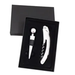Set de vino con 2 accesorios en caja de presentación personalizado con logo corporativo por mayor para regalos empresarios.