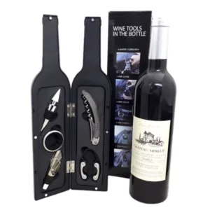 Set de vino con 5 accesorios en estuche rígido símil botella personalizado con logo corporativo por mayor para regalos empresarios.