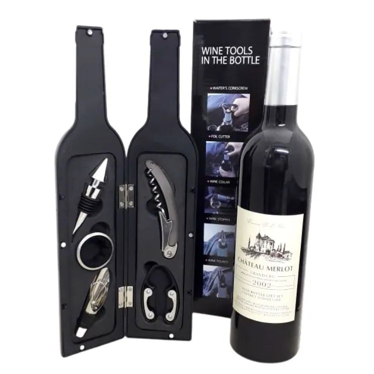 Set de vino 5 accesorios 1 Set de vino con 5 accesorios en estuche rígido símil botella personalizado con logo corporativo por mayor para regalos empresarios.