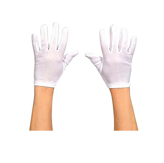 Guantes blancos cortos 1 Guantes blancos cortos de poliéster elastizado en talle único para uniformes protocolares, delegaciones institucionales y trajes de gala.