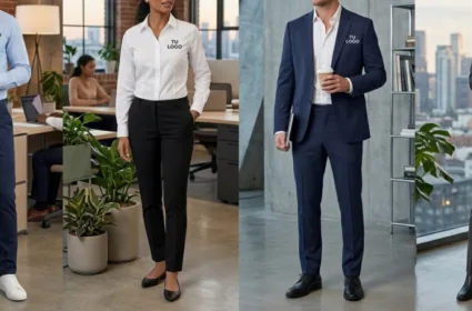Catálogo de venta de uniformes para empresas: exhibición de camisas corporativas, chombas y prendas de trabajo con logotipos bordados.