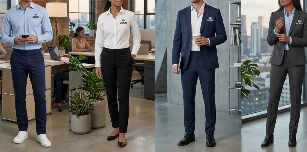 Uniformes para empresa: 5 errores comunes al comprar y cómo evitarlos 1 Catálogo de venta de uniformes para empresas: exhibición de camisas corporativas, chombas y prendas de trabajo con logotipos bordados.