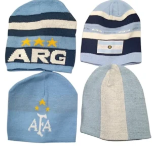Gorros de lana de Argentina fútbol en modelos varios con diseño de la selección para souvenirs de turismo y regalos corporativos empresarios.