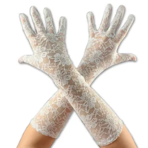 Guantes largos de encaje broderie de color blanco y negro en talle único para vestidos de novia, bodas, quinceañeras y eventos formales de gala.