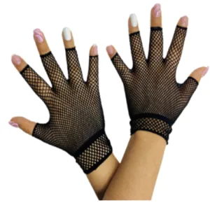 Guantes de red cortos de color negro elásticos para accesorios de fiesta, tandas de cotillón carioca y combinaciones con sombreros.